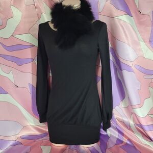 Black Long Sleeve Sweater Dress + Fur Collar Small Golds Infinity Japan Y2K Gal